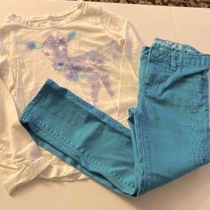 Gap Turquoise Jeans with a long sleeve deer shirt, gap kids size 4/5.
